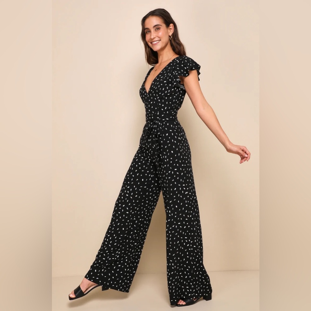 Fine Print Black and White Print Backless Jumpsuit